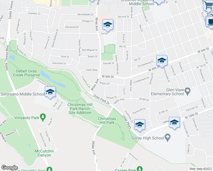map of restaurants, bars, coffee shops, grocery stores, and more near 980 Wentz Dr in Gilroy