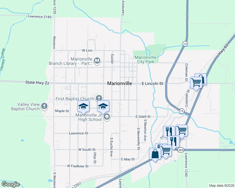 map of restaurants, bars, coffee shops, grocery stores, and more near 211 South Central Avenue in Marionville