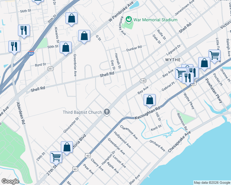 map of restaurants, bars, coffee shops, grocery stores, and more near 366 Wakefield Avenue in Hampton