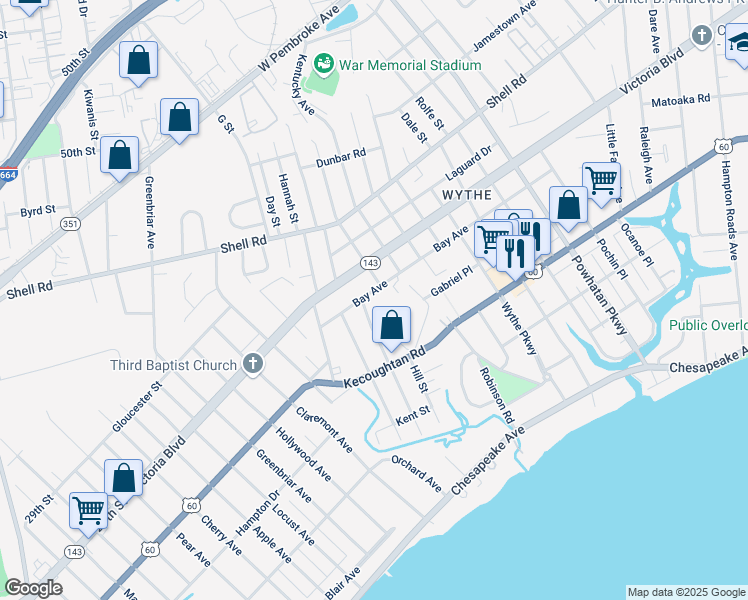 map of restaurants, bars, coffee shops, grocery stores, and more near 1822 Bay Avenue in Hampton