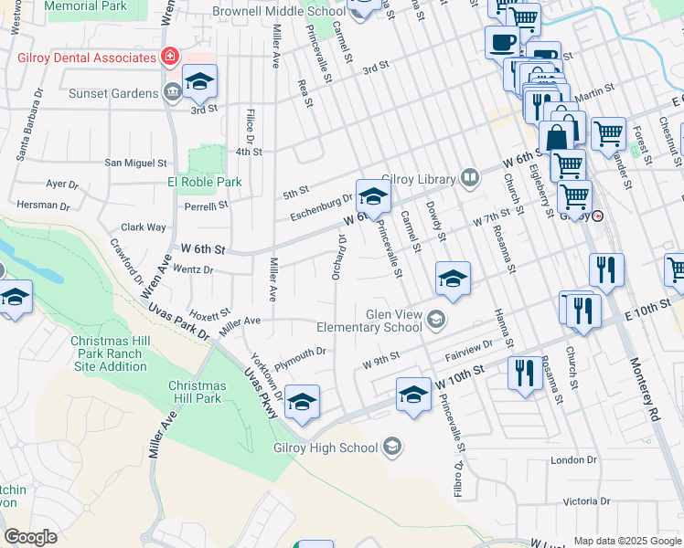map of restaurants, bars, coffee shops, grocery stores, and more near 7310 Orchard Drive in Gilroy
