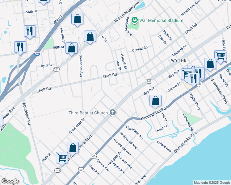 map of restaurants, bars, coffee shops, grocery stores, and more near 379 Wakefield Avenue in Hampton
