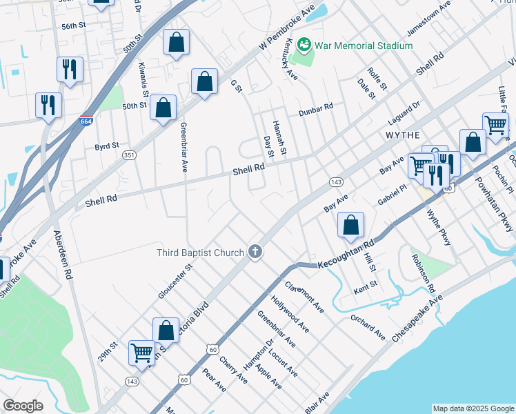 map of restaurants, bars, coffee shops, grocery stores, and more near 379 Wakefield Avenue in Hampton