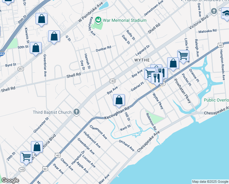 map of restaurants, bars, coffee shops, grocery stores, and more near 1822 Bay Avenue in Hampton