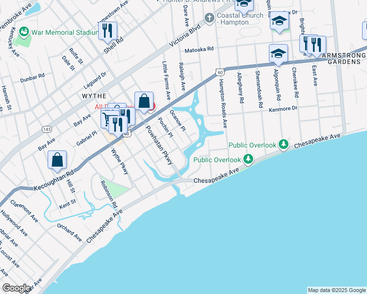 map of restaurants, bars, coffee shops, grocery stores, and more near 303 Harbor Drive in Hampton