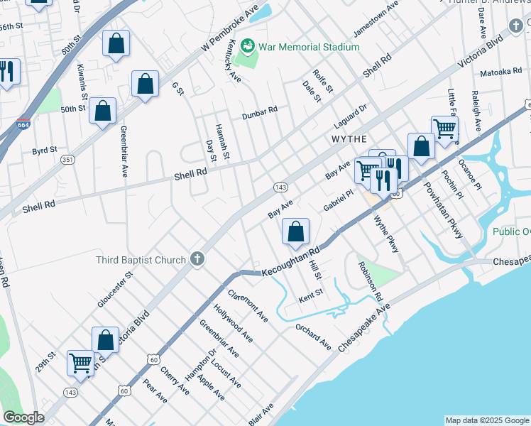 map of restaurants, bars, coffee shops, grocery stores, and more near 1805 Bay Ave in Hampton