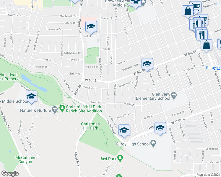 map of restaurants, bars, coffee shops, grocery stores, and more near 7344 Carr Pl in Gilroy