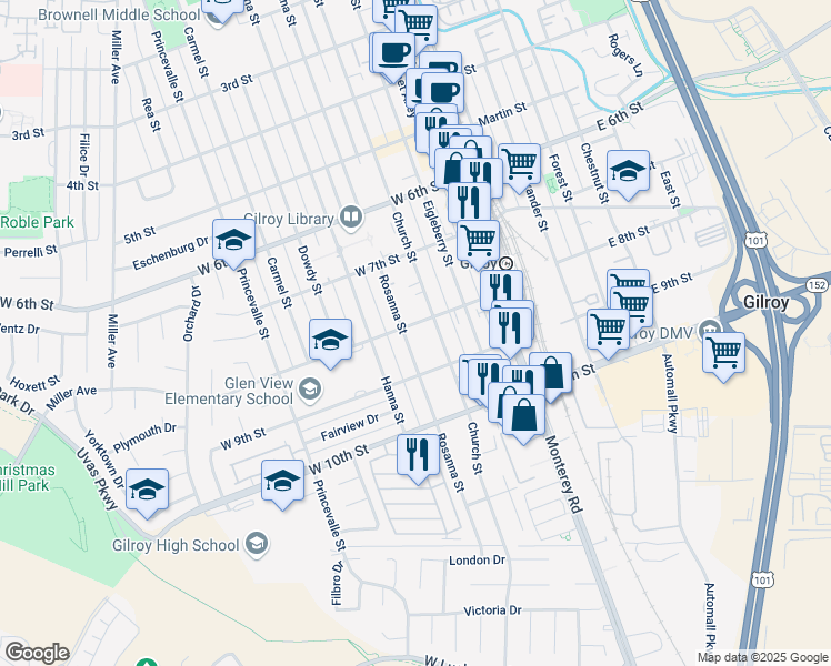 map of restaurants, bars, coffee shops, grocery stores, and more near 7182 Rosanna Street in Gilroy