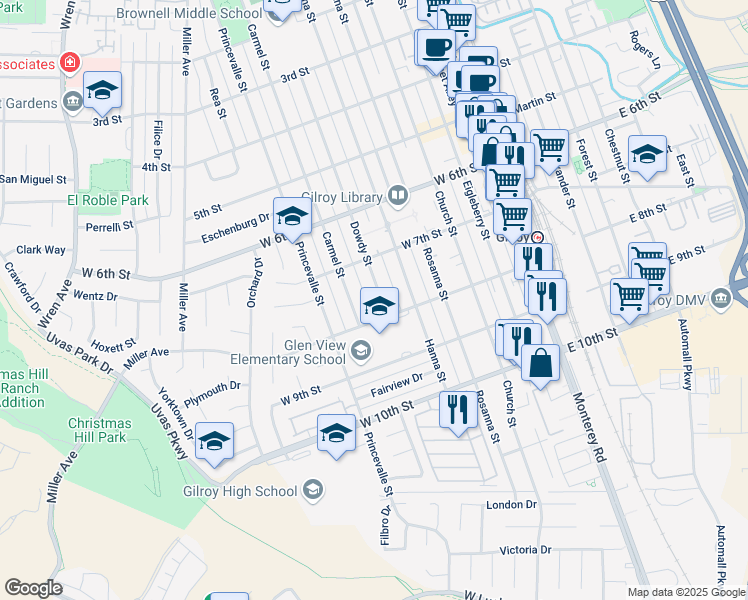 map of restaurants, bars, coffee shops, grocery stores, and more near 7225 Dowdy Street in Gilroy