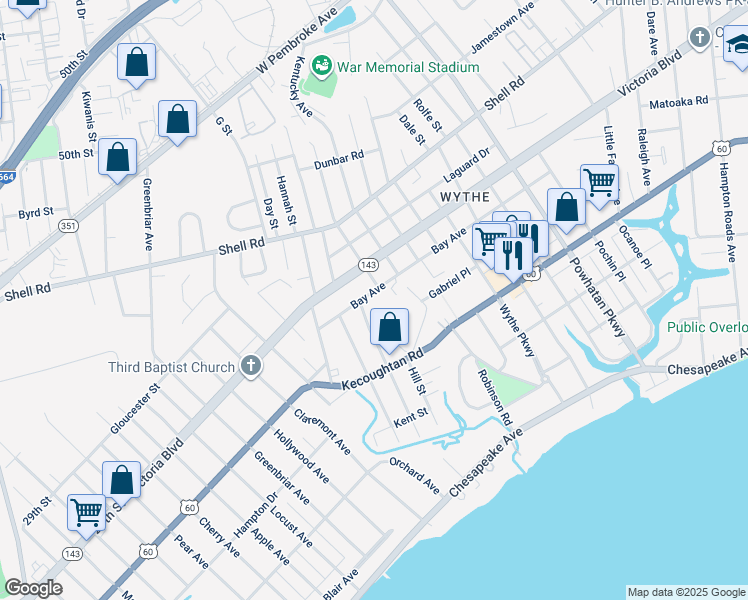 map of restaurants, bars, coffee shops, grocery stores, and more near 1822 Bay Avenue in Hampton