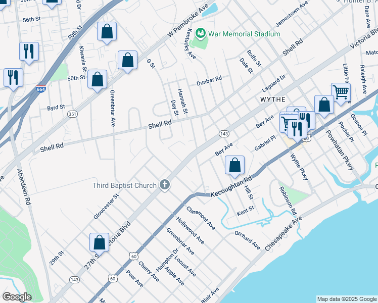 map of restaurants, bars, coffee shops, grocery stores, and more near 1521 Victoria Boulevard in Hampton