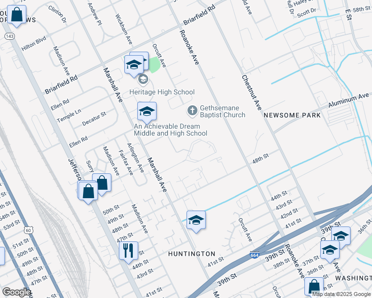 map of restaurants, bars, coffee shops, grocery stores, and more near 5200 Marshall Avenue in Newport News