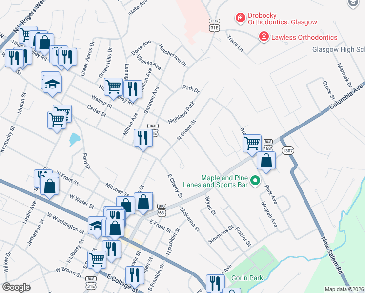 map of restaurants, bars, coffee shops, grocery stores, and more near 101 East Leech Avenue in Glasgow