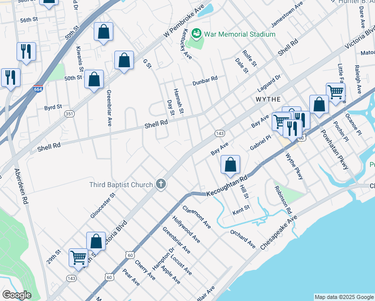 map of restaurants, bars, coffee shops, grocery stores, and more near 1615 Victoria Boulevard in Hampton