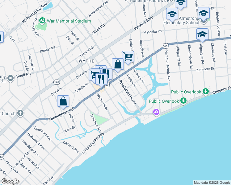 map of restaurants, bars, coffee shops, grocery stores, and more near 131 Pocahontas Place in Hampton