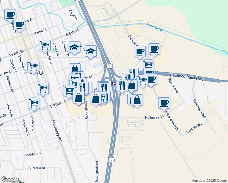 map of restaurants, bars, coffee shops, grocery stores, and more near South Valley Frwy in Gilroy