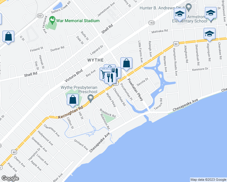 map of restaurants, bars, coffee shops, grocery stores, and more near 147 Chesterfield Road in Hampton