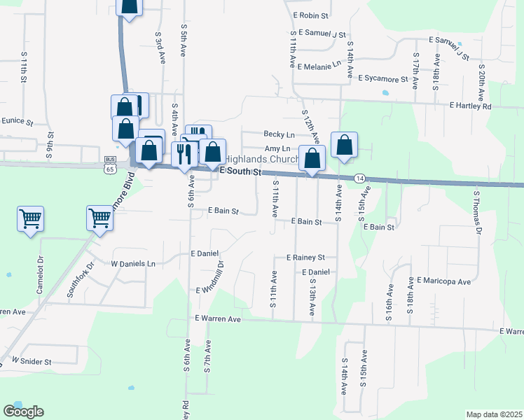 map of restaurants, bars, coffee shops, grocery stores, and more near 1738 South 10th Avenue in Ozark
