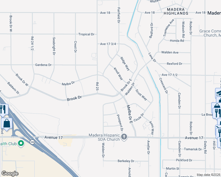map of restaurants, bars, coffee shops, grocery stores, and more near 17416 Melba Drive East in Madera