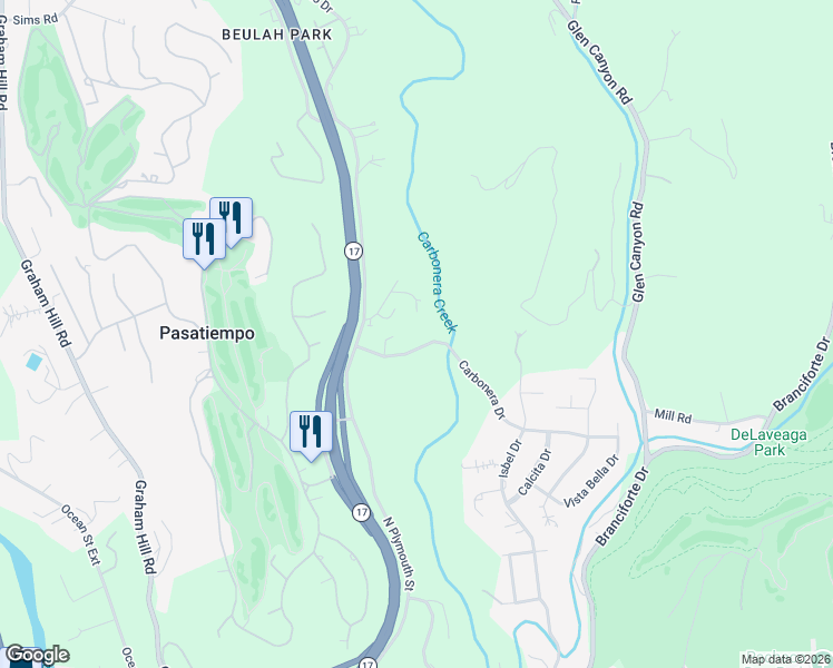 map of restaurants, bars, coffee shops, grocery stores, and more near 129 Carbonera Drive in Santa Cruz