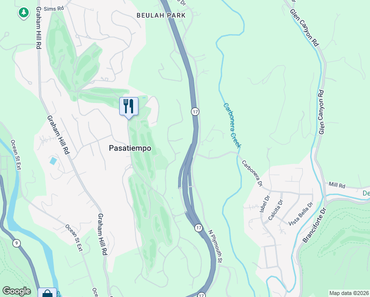 map of restaurants, bars, coffee shops, grocery stores, and more near 16 Eastridge Drive in Santa Cruz