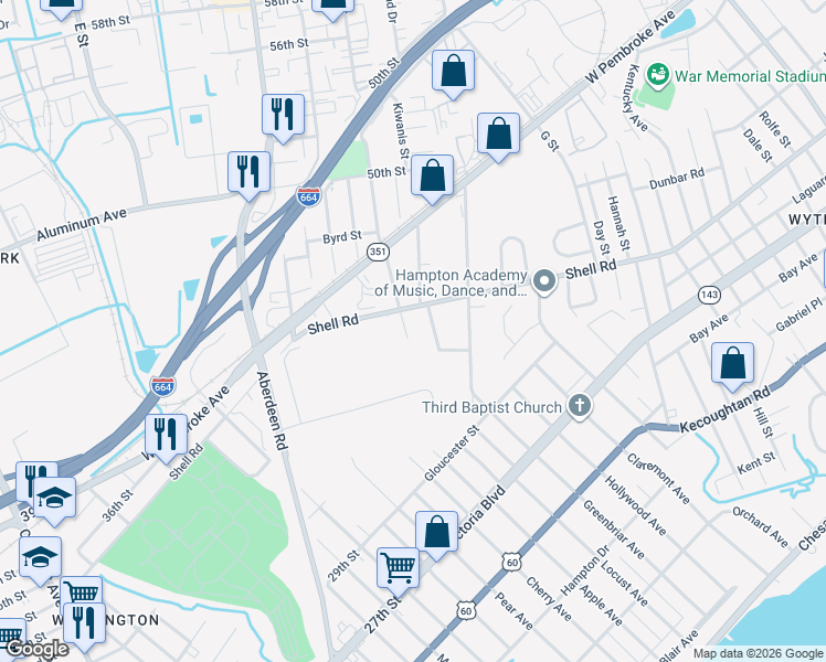 map of restaurants, bars, coffee shops, grocery stores, and more near 520 Childs Avenue in Hampton