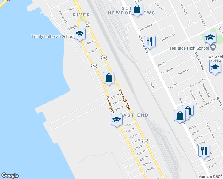 map of restaurants, bars, coffee shops, grocery stores, and more near 324 61st Street in Newport News