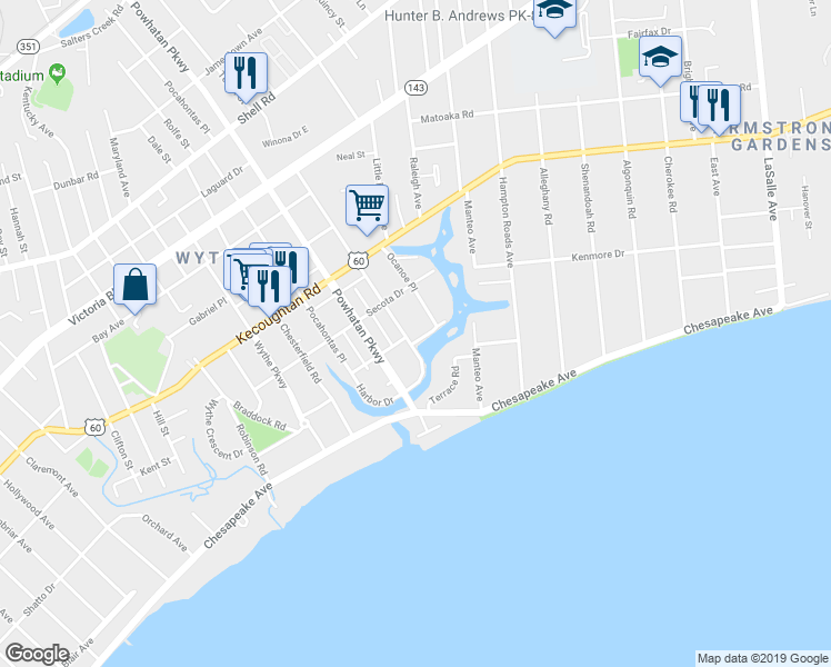 map of restaurants, bars, coffee shops, grocery stores, and more near 303 Harbor Drive in Hampton
