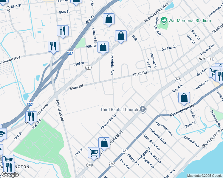 map of restaurants, bars, coffee shops, grocery stores, and more near 547 Greenbriar Avenue in Hampton