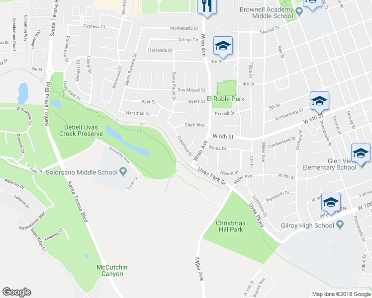 map of restaurants, bars, coffee shops, grocery stores, and more near Crawford Drive & Thayer Court in Gilroy