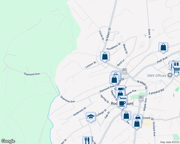 map of restaurants, bars, coffee shops, grocery stores, and more near 214 Smithers Street in Rocky Mount