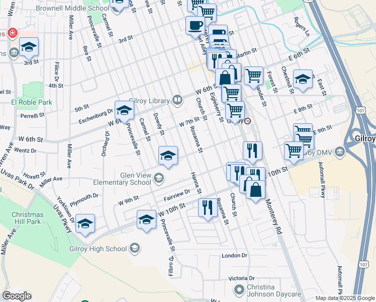 map of restaurants, bars, coffee shops, grocery stores, and more near 7200 Hanna Street in Gilroy