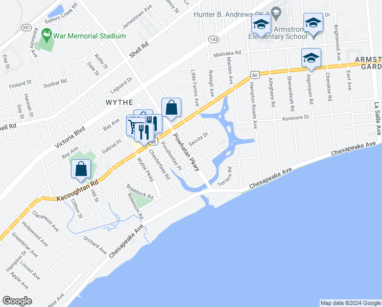 map of restaurants, bars, coffee shops, grocery stores, and more near 120 Powhatan Parkway in Hampton