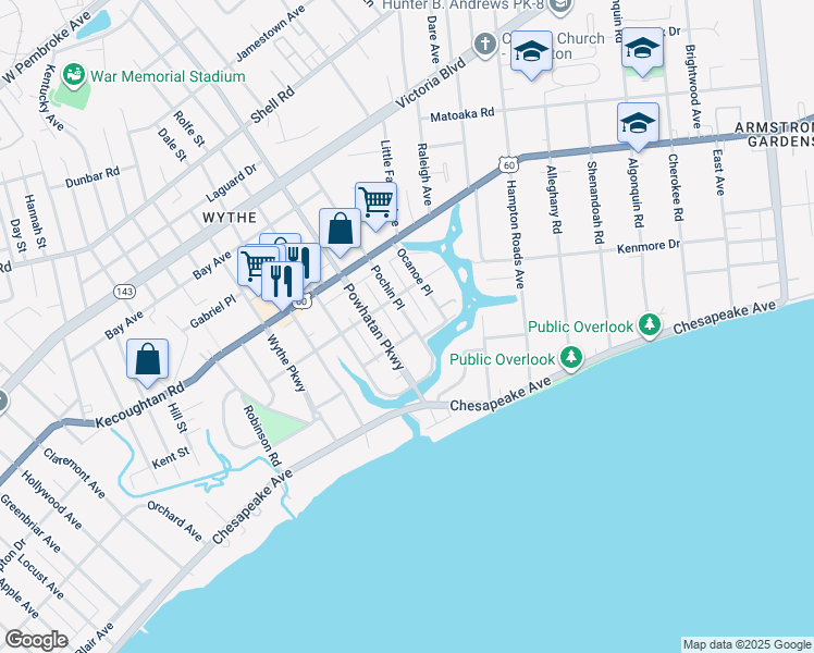 map of restaurants, bars, coffee shops, grocery stores, and more near 115 Pochin Place in Hampton