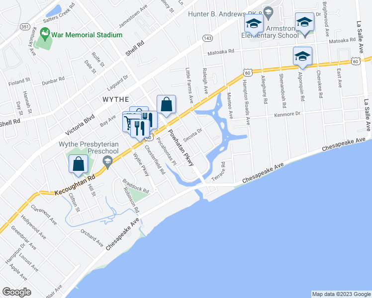 map of restaurants, bars, coffee shops, grocery stores, and more near 120 Powhatan Parkway in Hampton