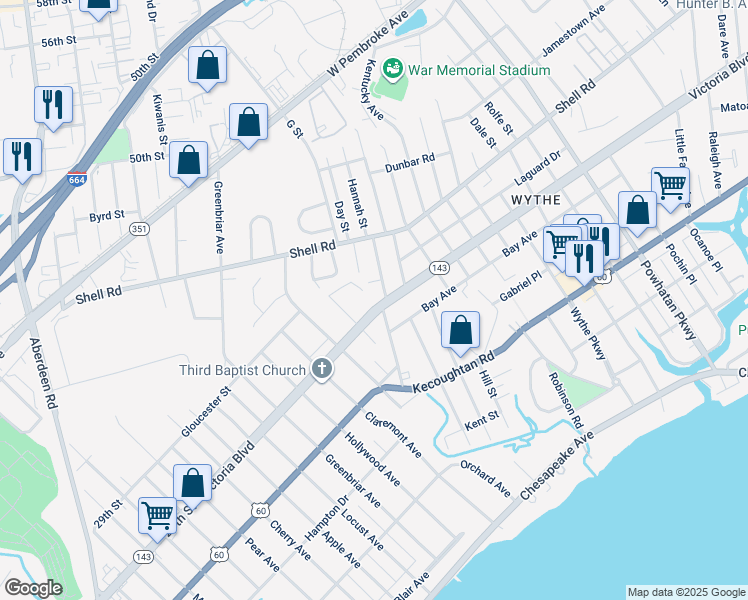 map of restaurants, bars, coffee shops, grocery stores, and more near 1615 Victoria Boulevard in Hampton