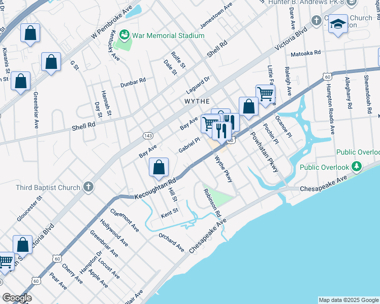 map of restaurants, bars, coffee shops, grocery stores, and more near 2107 Kecoughtan Road in Hampton