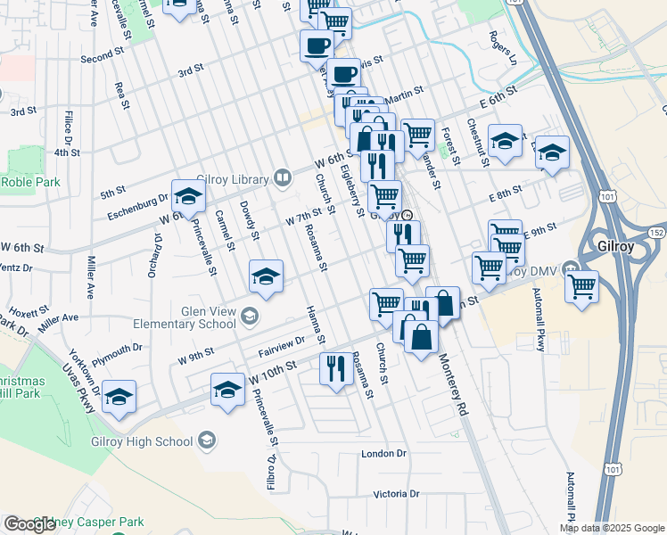 map of restaurants, bars, coffee shops, grocery stores, and more near 282 West 8th Street in Gilroy