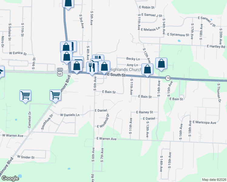 map of restaurants, bars, coffee shops, grocery stores, and more near 755 East Bain Street in Ozark