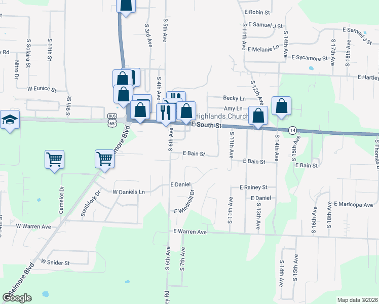 map of restaurants, bars, coffee shops, grocery stores, and more near 614 East Bain Street in Ozark