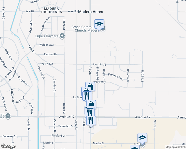 map of restaurants, bars, coffee shops, grocery stores, and more near 17405 Road 26 in Madera