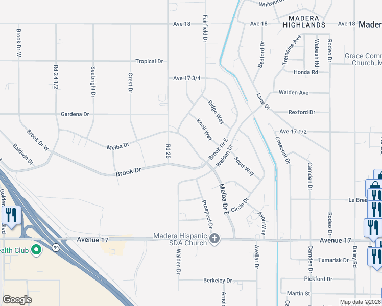 map of restaurants, bars, coffee shops, grocery stores, and more near 17416 Melba Drive East in Madera