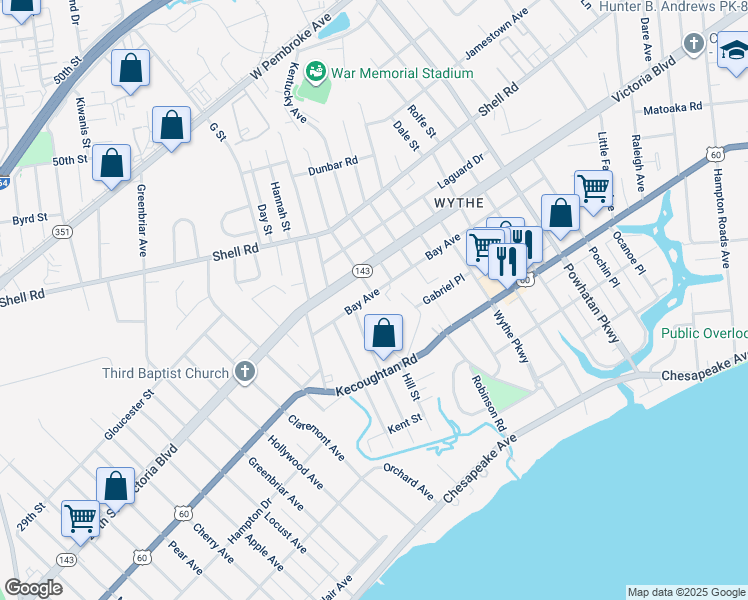 map of restaurants, bars, coffee shops, grocery stores, and more near 1822 Bay Avenue in Hampton