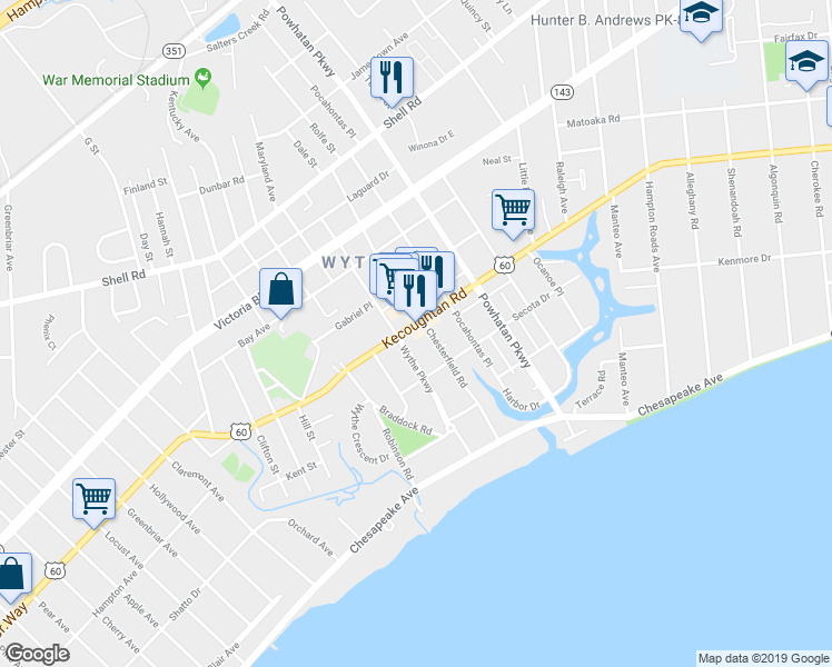 map of restaurants, bars, coffee shops, grocery stores, and more near 2214 Kecoughtan Road in Hampton