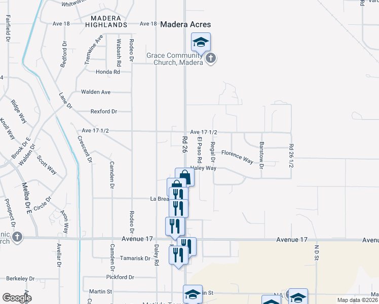 map of restaurants, bars, coffee shops, grocery stores, and more near 17405 Road 26 in Madera