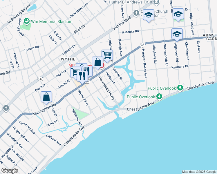 map of restaurants, bars, coffee shops, grocery stores, and more near 122 Powhatan Parkway in Hampton