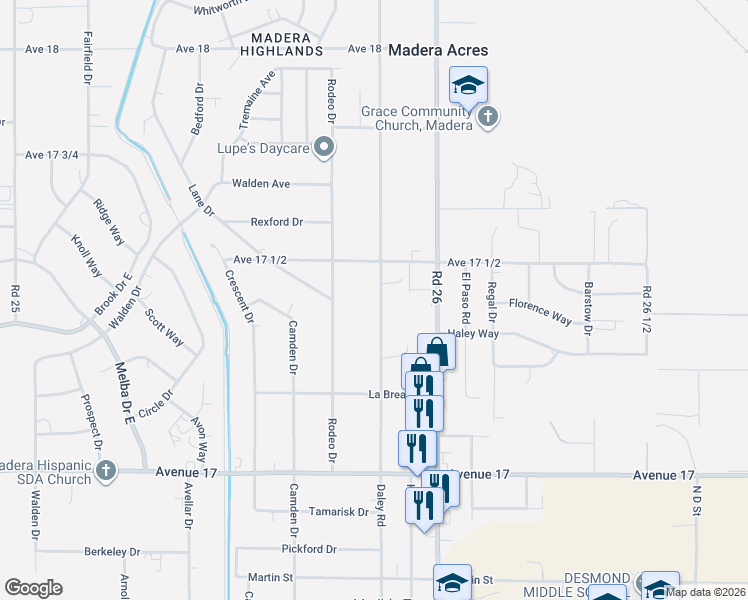 map of restaurants, bars, coffee shops, grocery stores, and more near 17383 Daley Road in Madera