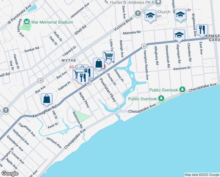 map of restaurants, bars, coffee shops, grocery stores, and more near 122 Powhatan Parkway in Hampton