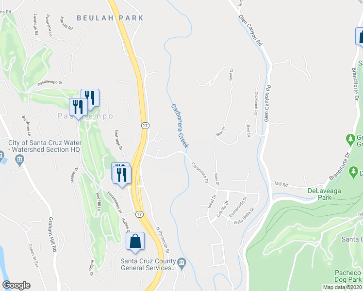 map of restaurants, bars, coffee shops, grocery stores, and more near 129 Carbonera Drive in Santa Cruz
