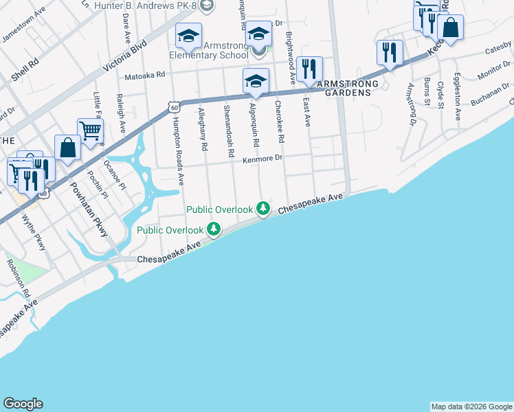 map of restaurants, bars, coffee shops, grocery stores, and more near 39 Algonquin Road in Hampton